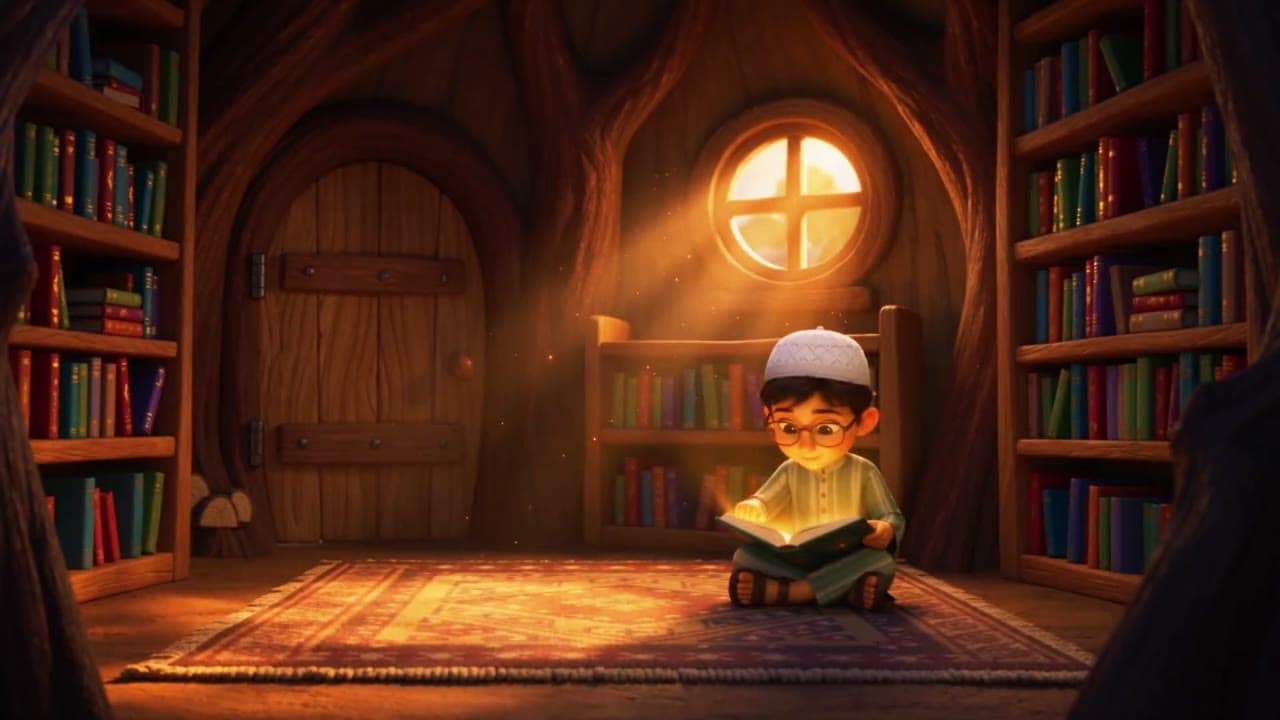 02. Wide, high angle. The library, one boy at the door, light from the round window.