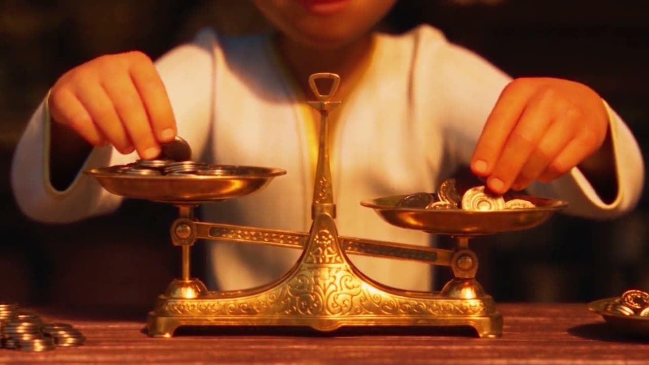 05. Insert. Hands and the scales, coins into the pans, lamp light.